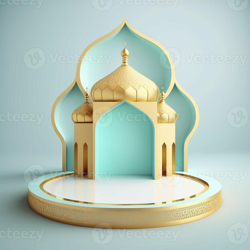 Islamic theme product display background in 3d rendering illustration design, Mosque portal frame with podium or stage and empty space. photo