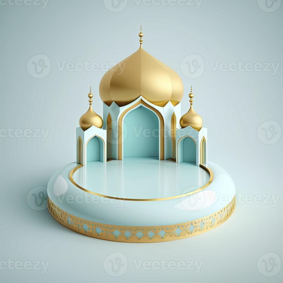 Islamic theme product display background in 3d rendering illustration design, Mosque portal frame with podium or stage and empty space. photo