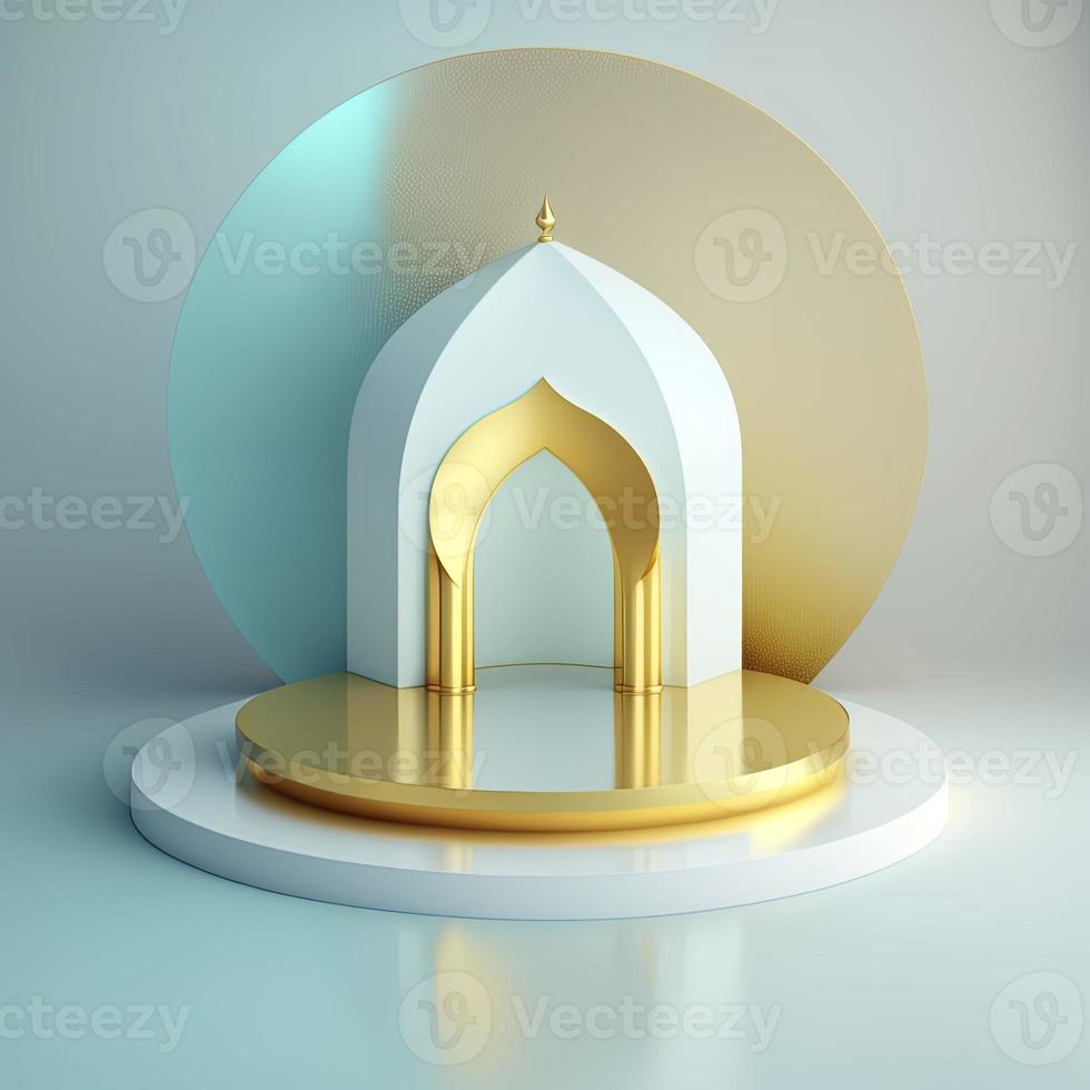 Ramadan islamic scene with golden 3d realistic mosque stage and podium for product presentation photo