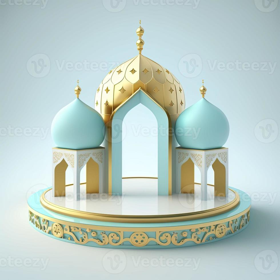 Islamic theme product display background in 3d rendering illustration design, Mosque portal frame with podium or stage and empty space. photo