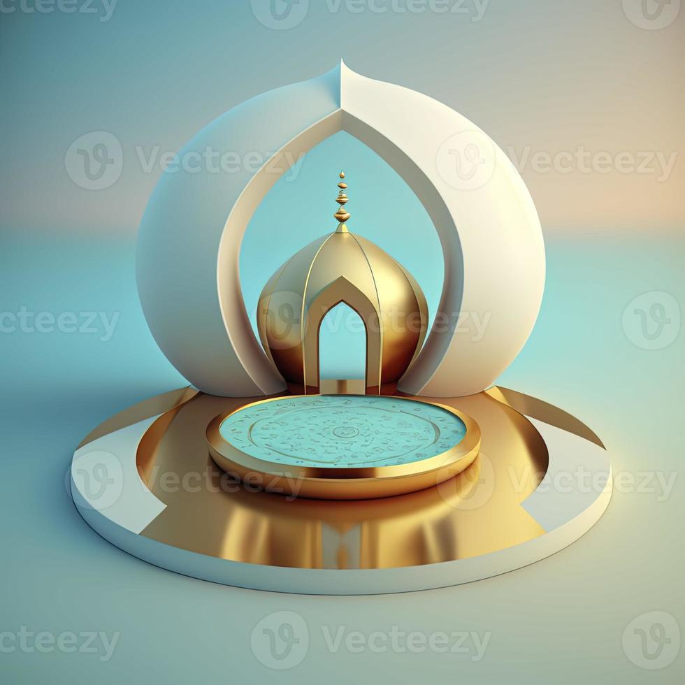 Realistic 3d modern islamic background of futuristic mosque with podium scene and stage for product display photo