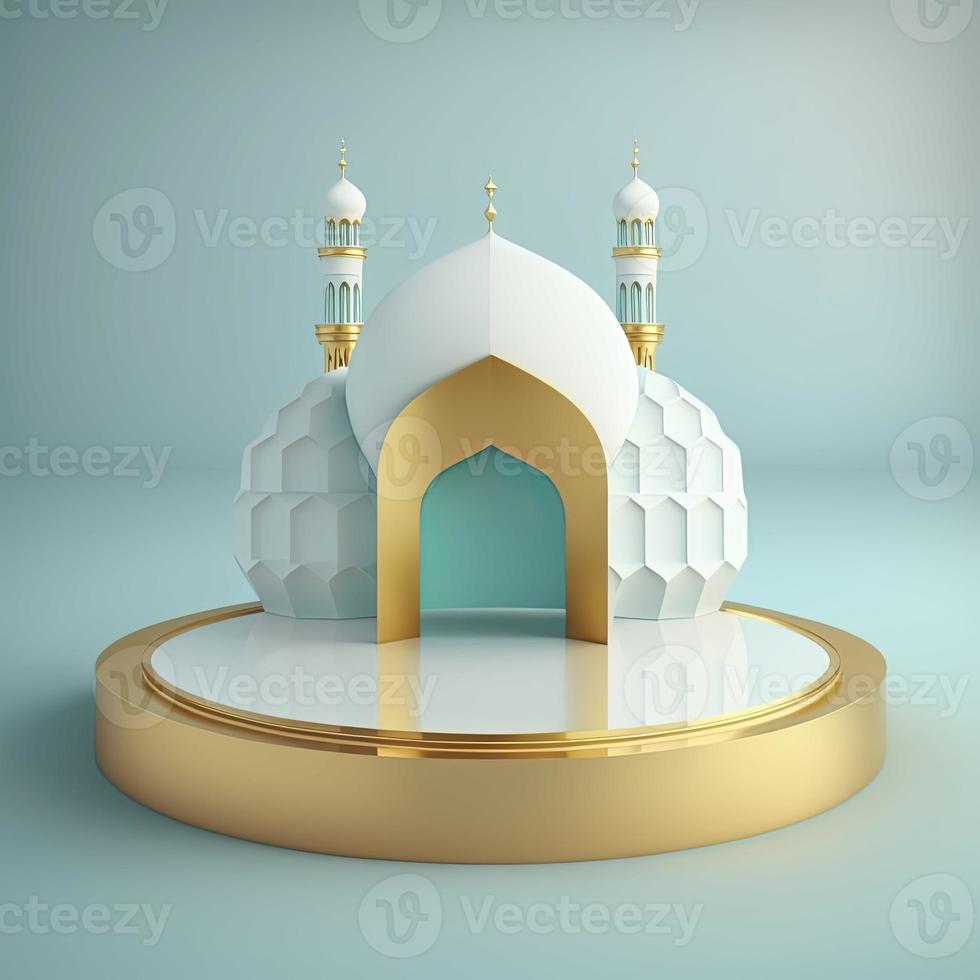 Islamic theme product display background in 3d rendering illustration design, Mosque portal frame with podium or stage and empty space. photo