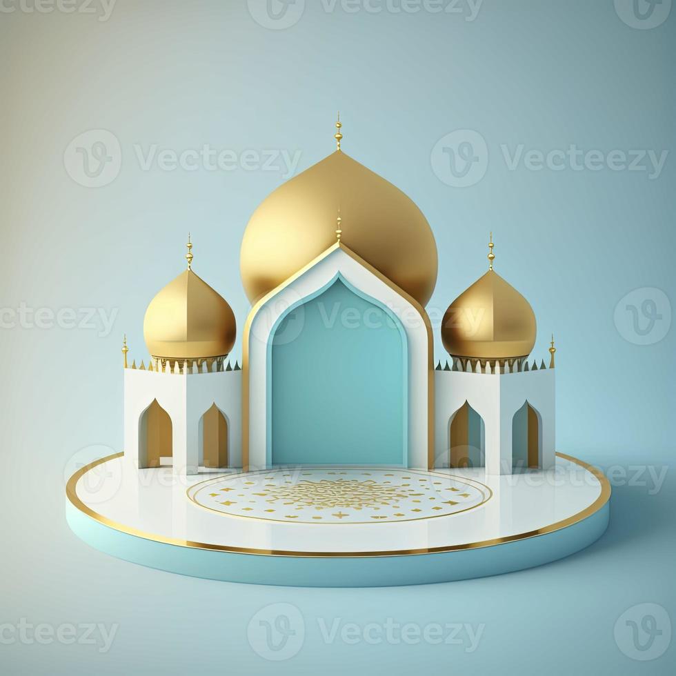 Islamic theme product display background in 3d rendering illustration design, Mosque portal frame with podium or stage and empty space. photo