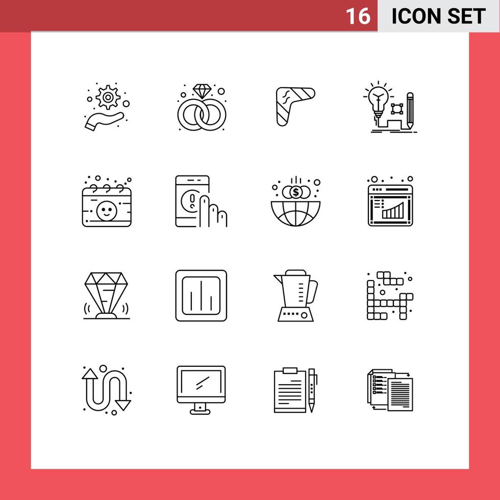 Modern Set of 16 Outlines and symbols such as calendar lamp boomerang key idea Editable Vector Design Elements