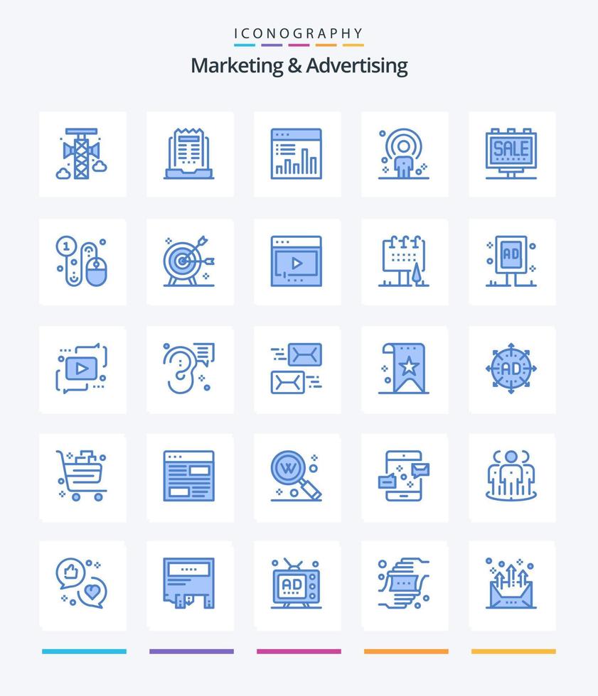 marketing creativo y publicidad 25 paquete de iconos azules como persona. humano. periódico. cliente. grafico vector