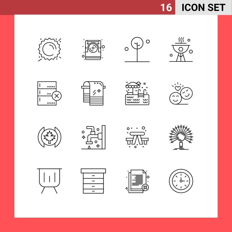 Set of 16 Vector Outlines on Grid for data dinner forest dish bbq Editable Vector Design Elements