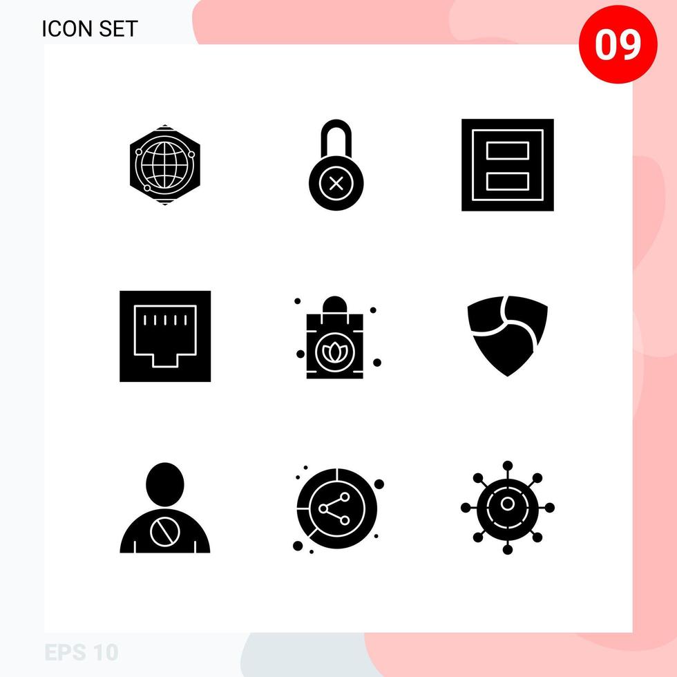 Set of 9 Commercial Solid Glyphs pack for purse handbag frame port cable Editable Vector Design Elements