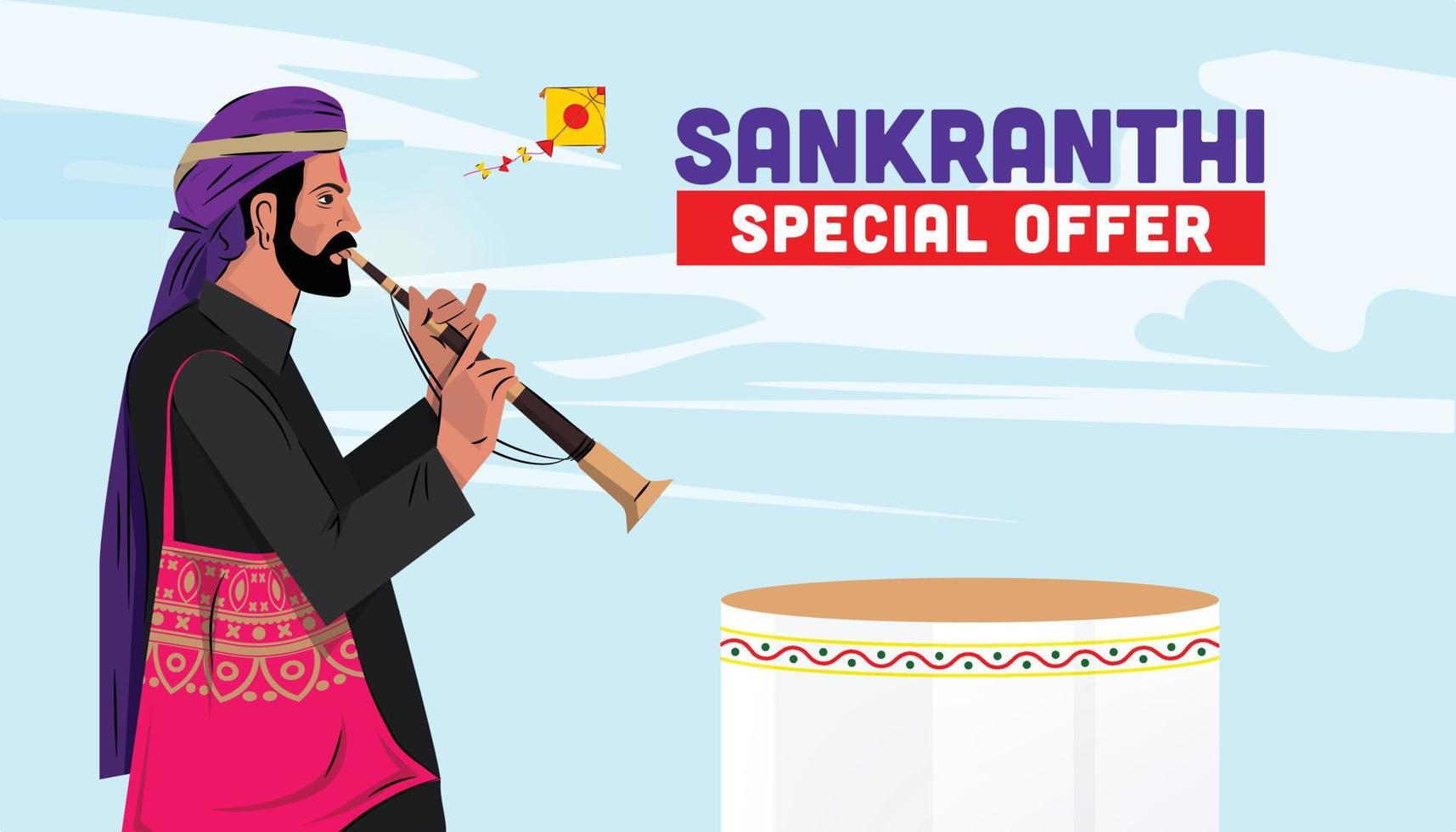 plantilla de banner de oferta especial del festival sankranti con podio de producto y elementos festivos vector