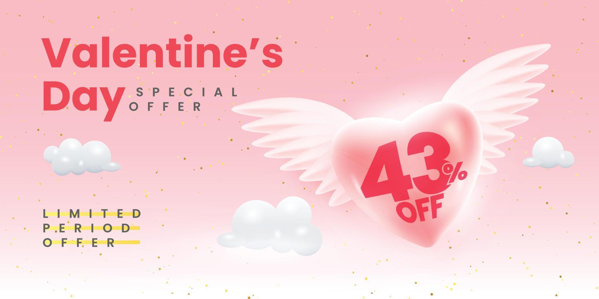 Valentines day sale offer concept. 3d wings with heart in clouds. offer written on heart vector