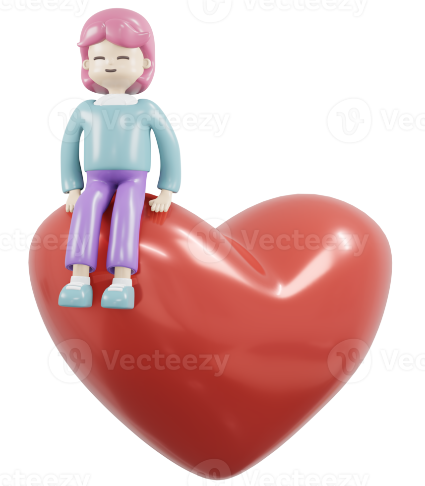 Chica de representación 3D sentada en el concepto de corazón rojo de amor, San Valentín, donación y amabilidad. Ilustración de procesamiento 3d. png