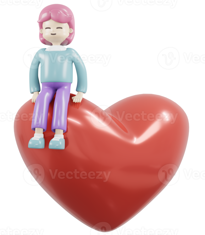 3D Rendering girl sitting on red heart concept of love, valentine, donation and kindness. 3D Render illustration. png