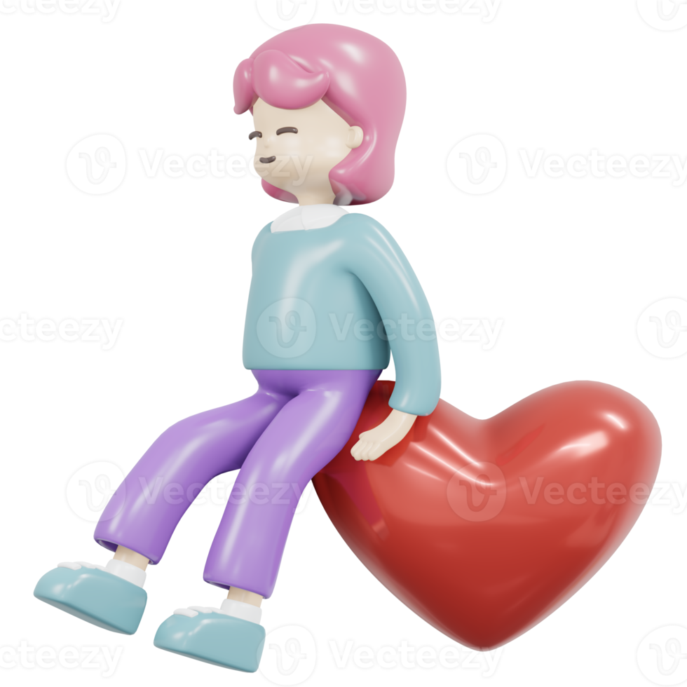 Chica de representación 3D sentada en el concepto de corazón rojo de amor, San Valentín, donación y amabilidad. Ilustración de procesamiento 3d. png