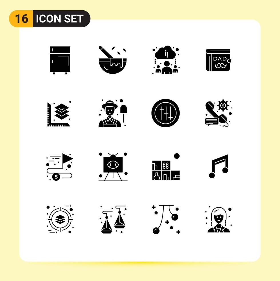 Modern Set of 16 Solid Glyphs and symbols such as printing fathers day restaurant father wallet Editable Vector Design Elements