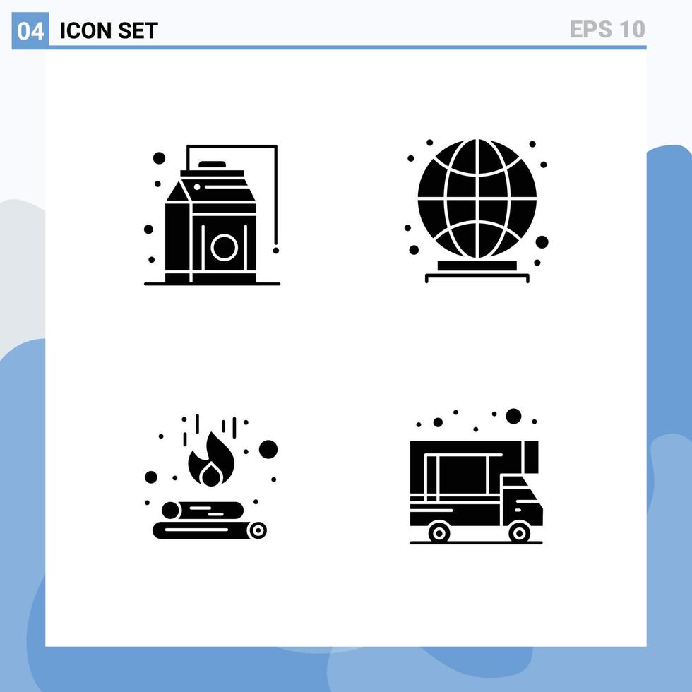 conjunto moderno de 4 glifos y símbolos sólidos, como elementos de diseño de vectores editables para acampar en el mundo de alimentos para incendios de alimentos