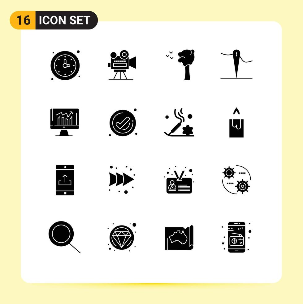 16 Thematic Vector Solid Glyphs and Editable Symbols of report business video sew handmade Editable Vector Design Elements
