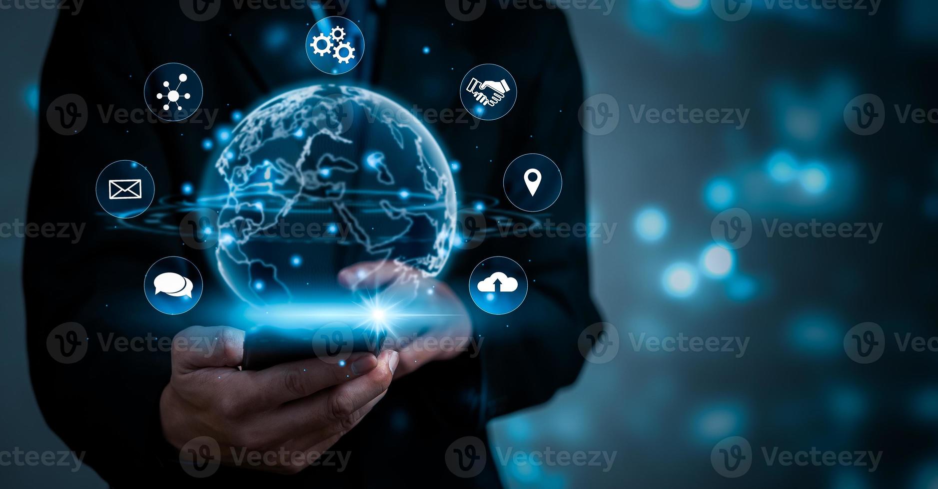 Digital communication and virtual technology concept WEB 3.0.hand touch globe internet.Business marketing concept metaverse and big data. photo