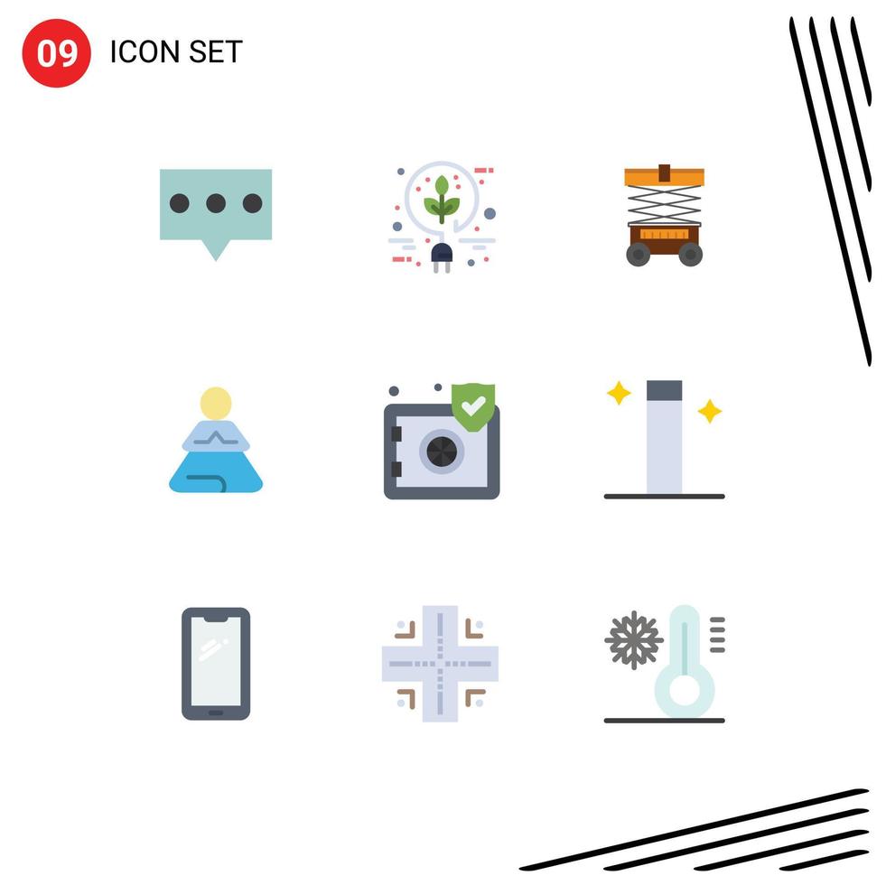 User Interface Pack of 9 Basic Flat Colors of safe insurance forklift yoga meditation Editable Vector Design Elements