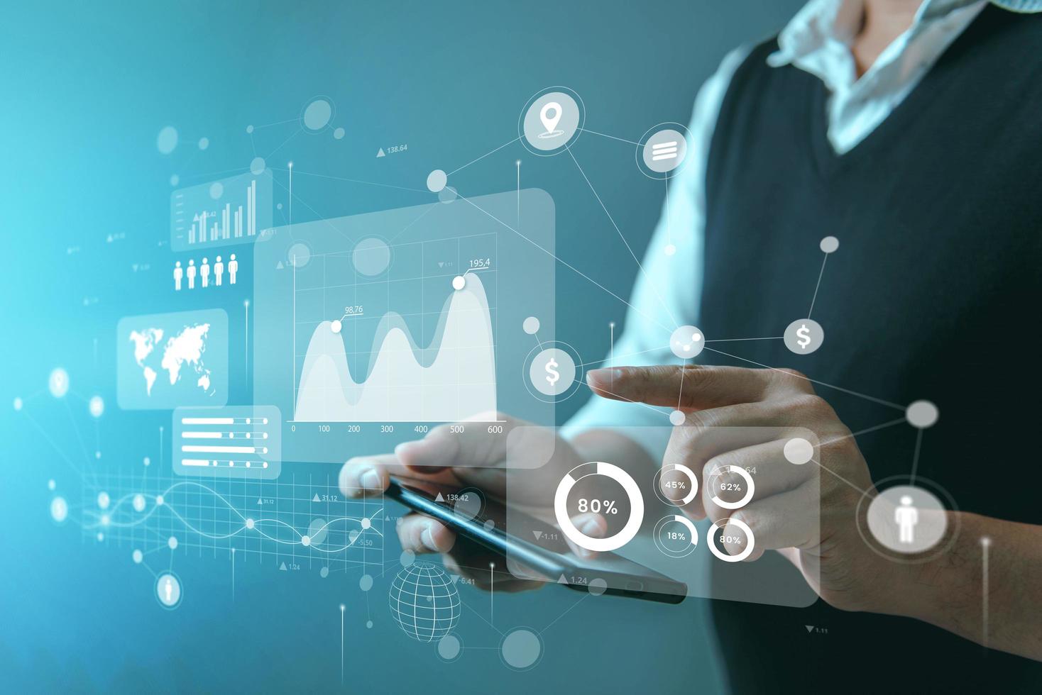 business intelligence and big data analysis technology with chart and graph icons on a digital screen interface. Innovation in statistics and analytics. Insights and predictions. photo