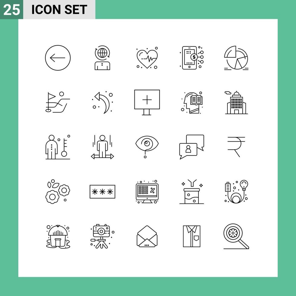 Mobile Interface Line Set of 25 Pictograms of analytics pie heart chart smartphone Editable Vector Design Elements