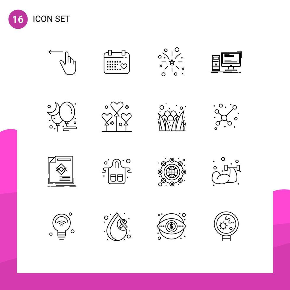 Pack of 16 creative Outlines of balloon pc firework gaming computer Editable Vector Design Elements