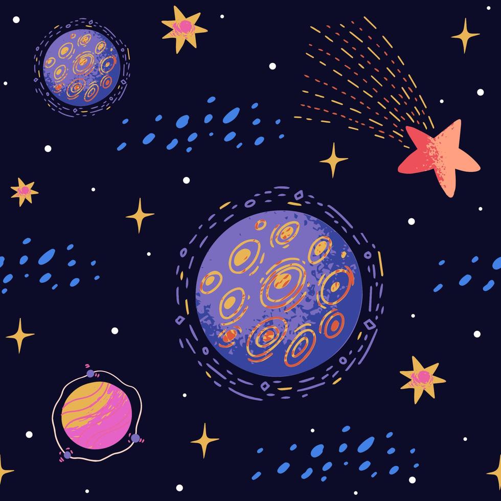 Colorful hand-drawn space pattern with  pink and purple planets and stars vector