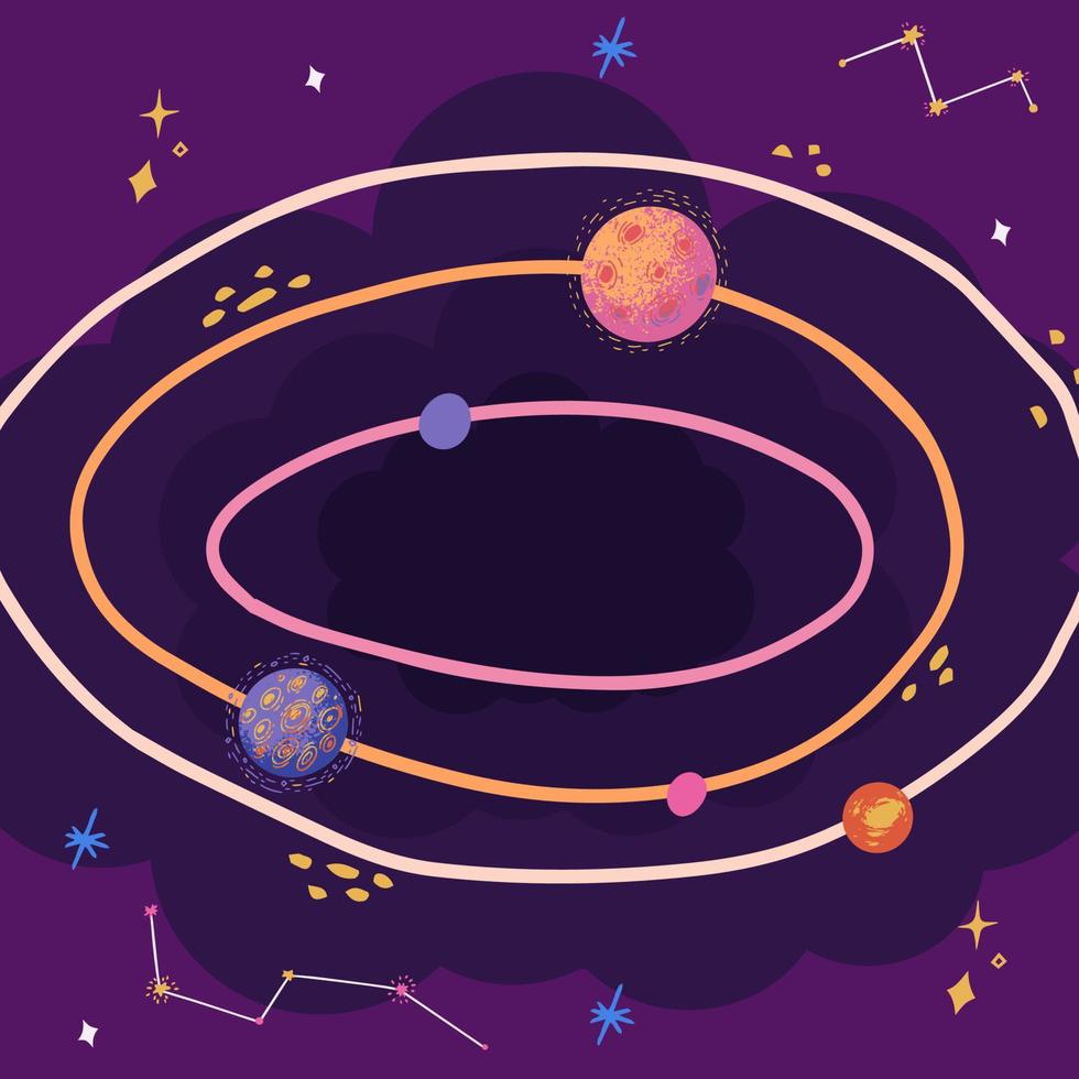 colorido fondo vectorial dibujado a mano con planetas, estrellas, cometas, constelaciones vector
