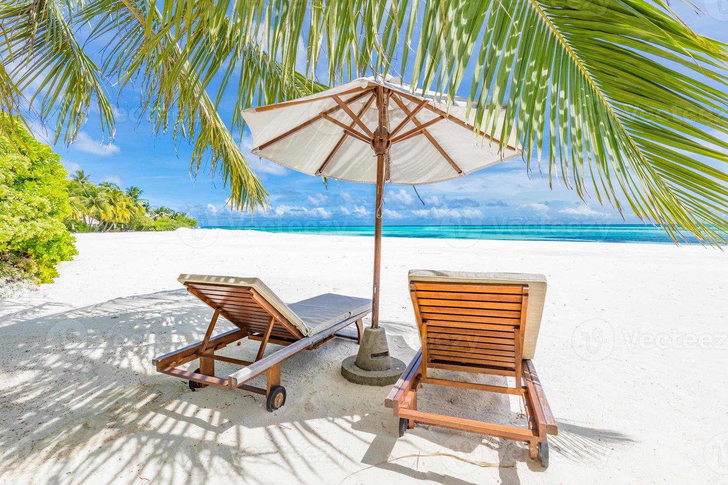 Tranquil beach scene. Exotic panorama in tropical island resort, palm trees, white sand, blue sky and sea. Honeymoon destination, summer vacation or holiday conceptual scenery. Panoramic landscape photo