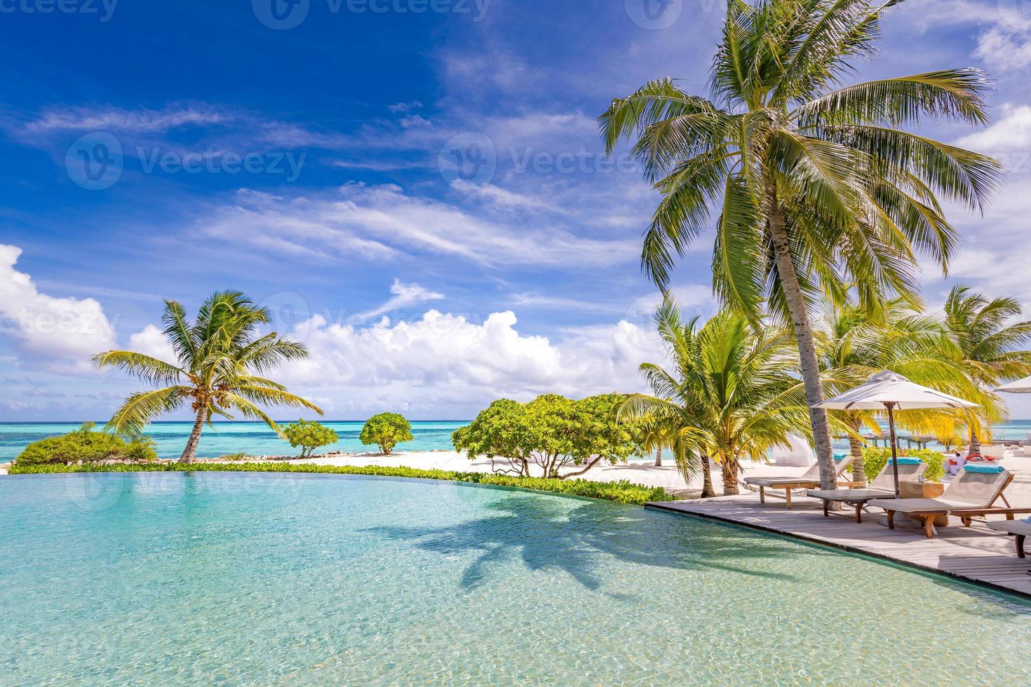Beautiful luxury umbrella and chair around outdoor swimming pool in hotel and resort with coconut palm tree on blue sky. Luxurious summer vacation and holiday banner. Boost up color Processing photo