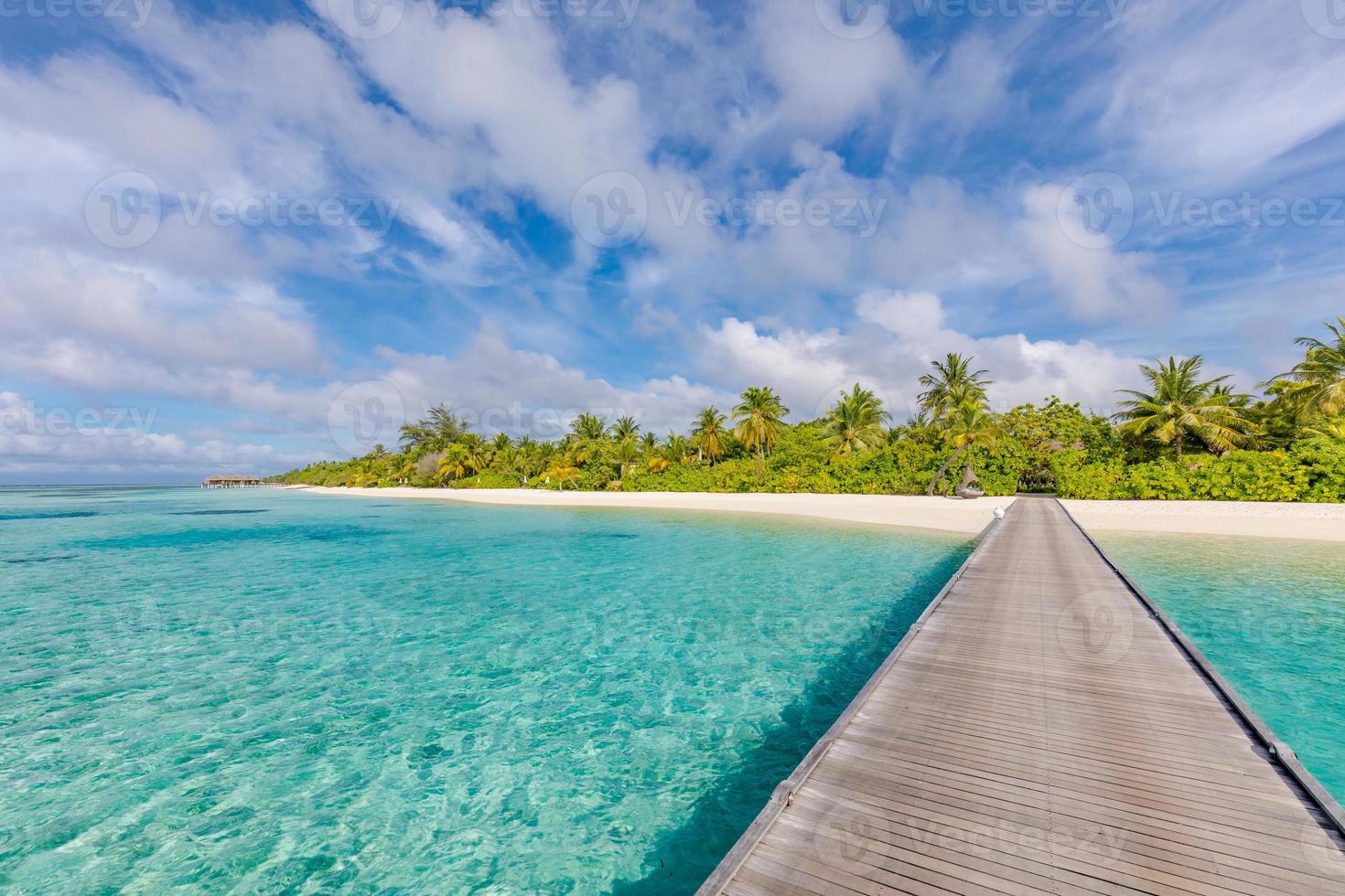 Beautiful tropical Maldives island with beach, exotic sea and coconut palm trees on blue sky for luxury nature holiday vacation background concept. Boost up color processing. Summer travel destination photo