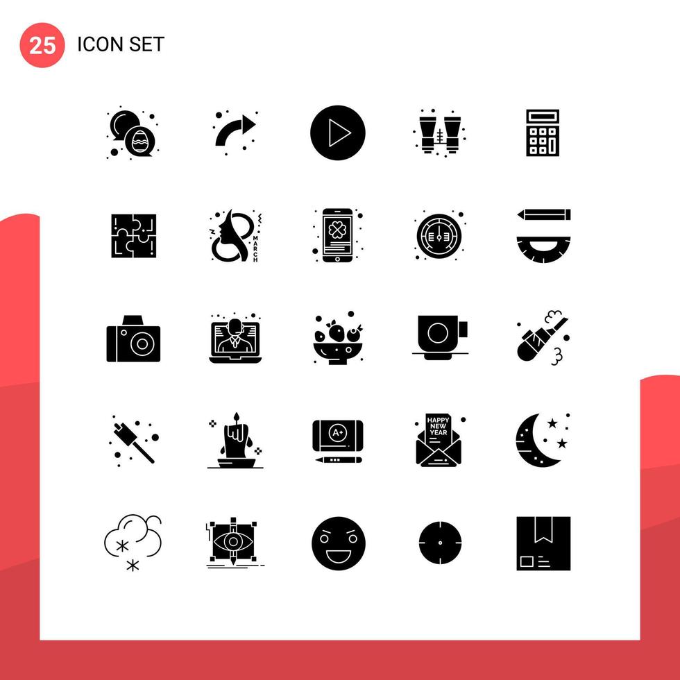 Pack of 25 Modern Solid Glyphs Signs and Symbols for Web Print Media such as math calculator up travel binoculars Editable Vector Design Elements