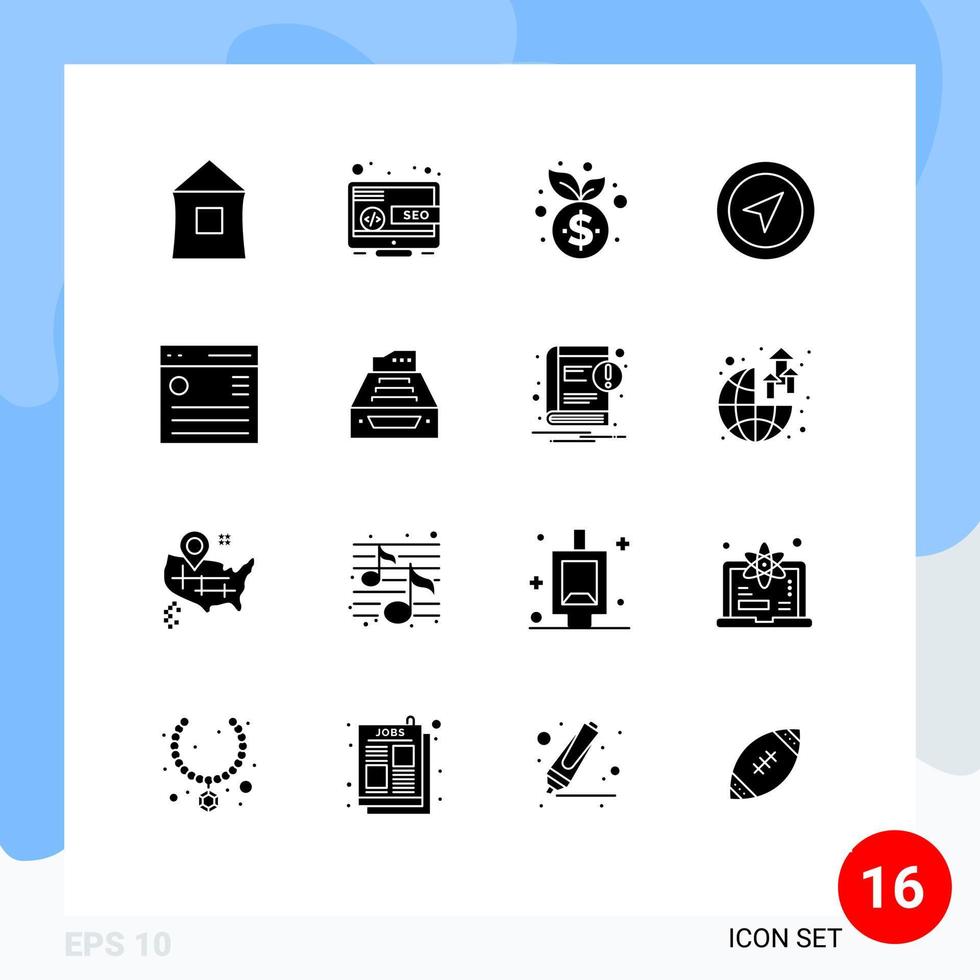 16 User Interface Solid Glyph Pack of modern Signs and Symbols of communication pointer marketing map finance Editable Vector Design Elements