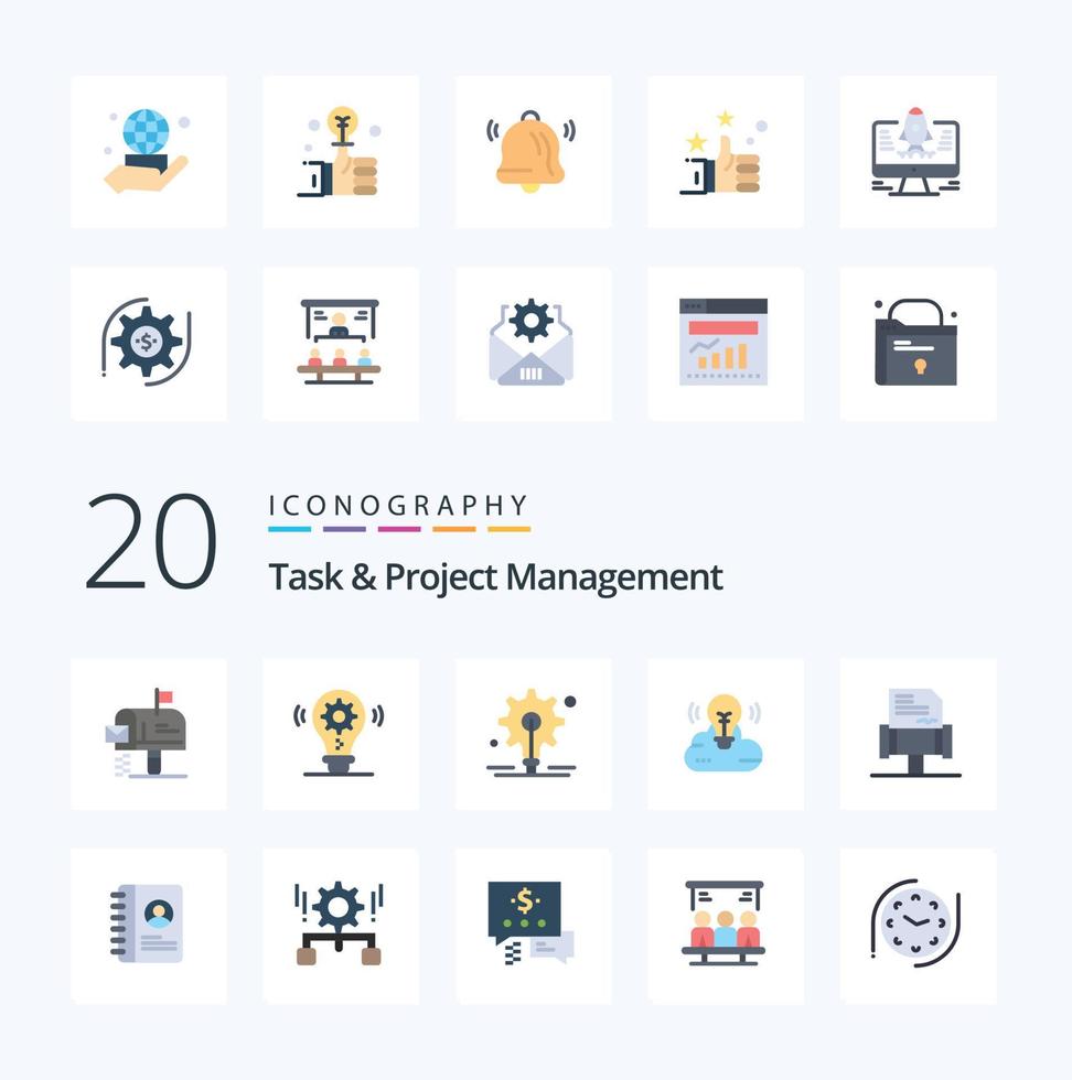 20 Task And Project Management Flat Color icon Pack like rules book bulb creative campaign campaign vector