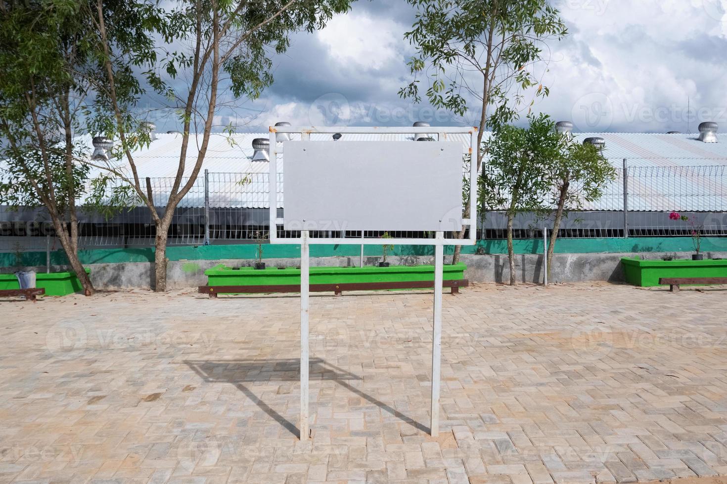 selevtive focus on Realistic white traffic sign on two metal poles. Rectangular blank traffic road empty sign. Mock up template for your design. photo