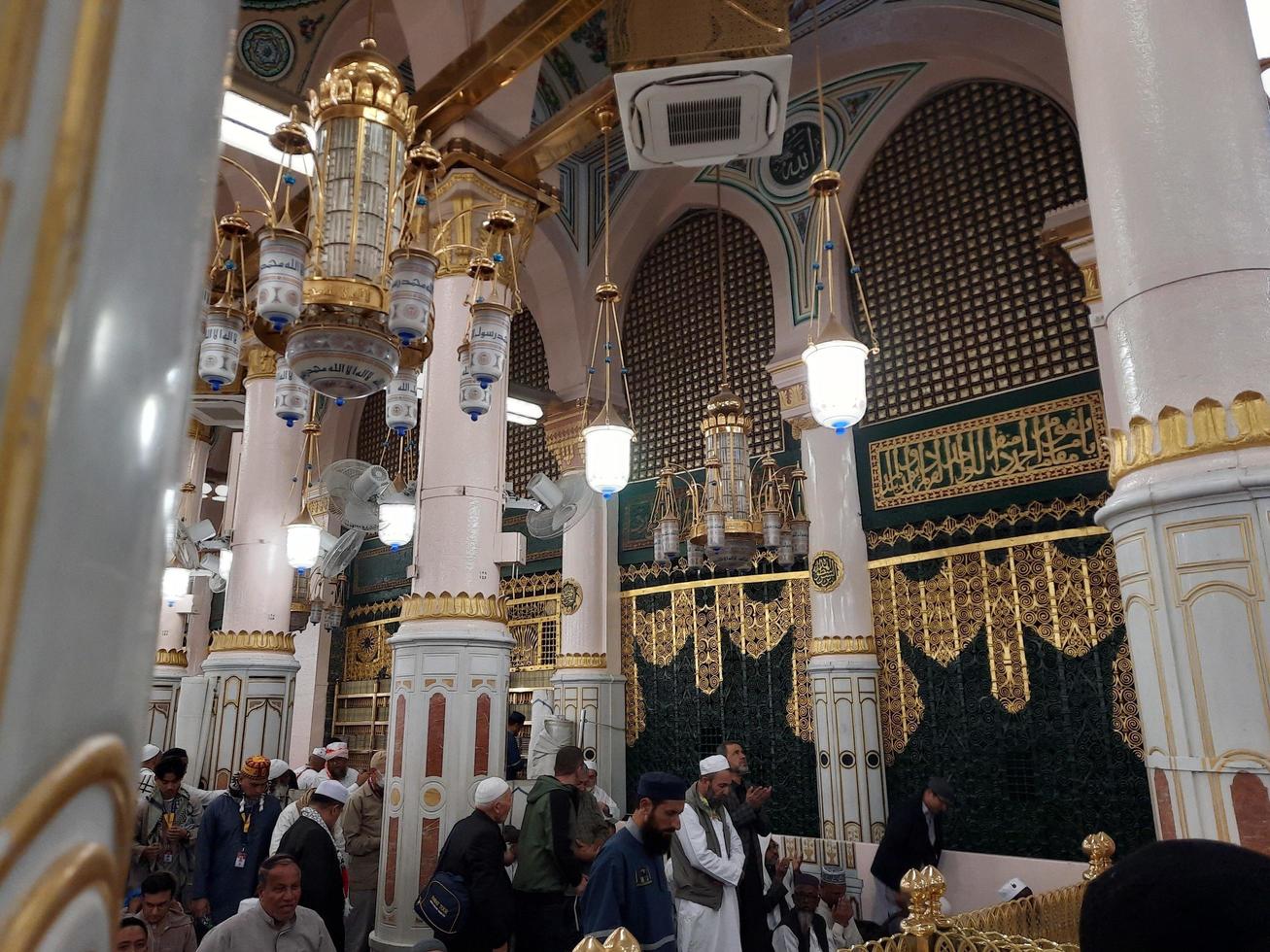 Medina, Saudi Arabia, Dec 2022 - Beautiful night view of Rawdah in Masjid Al Nabawi, Madinah. photo