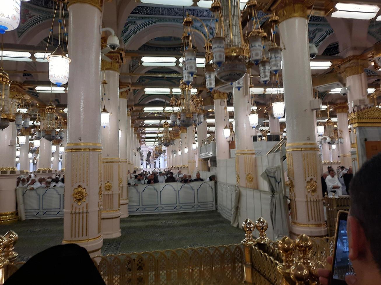 Medina, Saudi Arabia, Dec 2022 - Beautiful night view of Rawdah in Masjid Al Nabawi, Madinah. photo