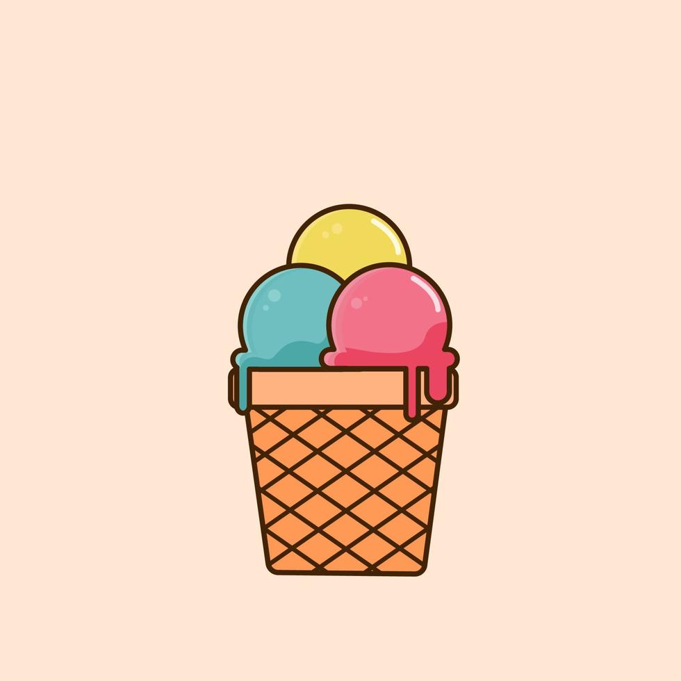 Melting ice cream balls in the waffle cone isolated, Rainbow Ice cream illustration vector