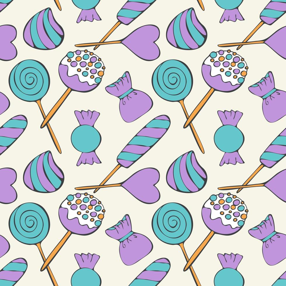 Candies doodle blue and violet pattern seamless background. Hand drawn doodle sketch. vector