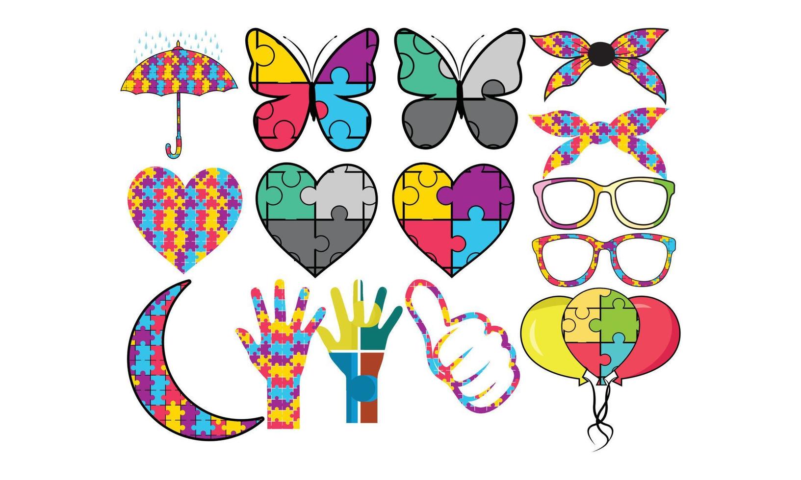 Autism Stickers Colorful Puzzle Pieces Bundle Design, Motivational Autism Strickers Clipart Creative Kids, and Autism Stickers Vector Illustration.