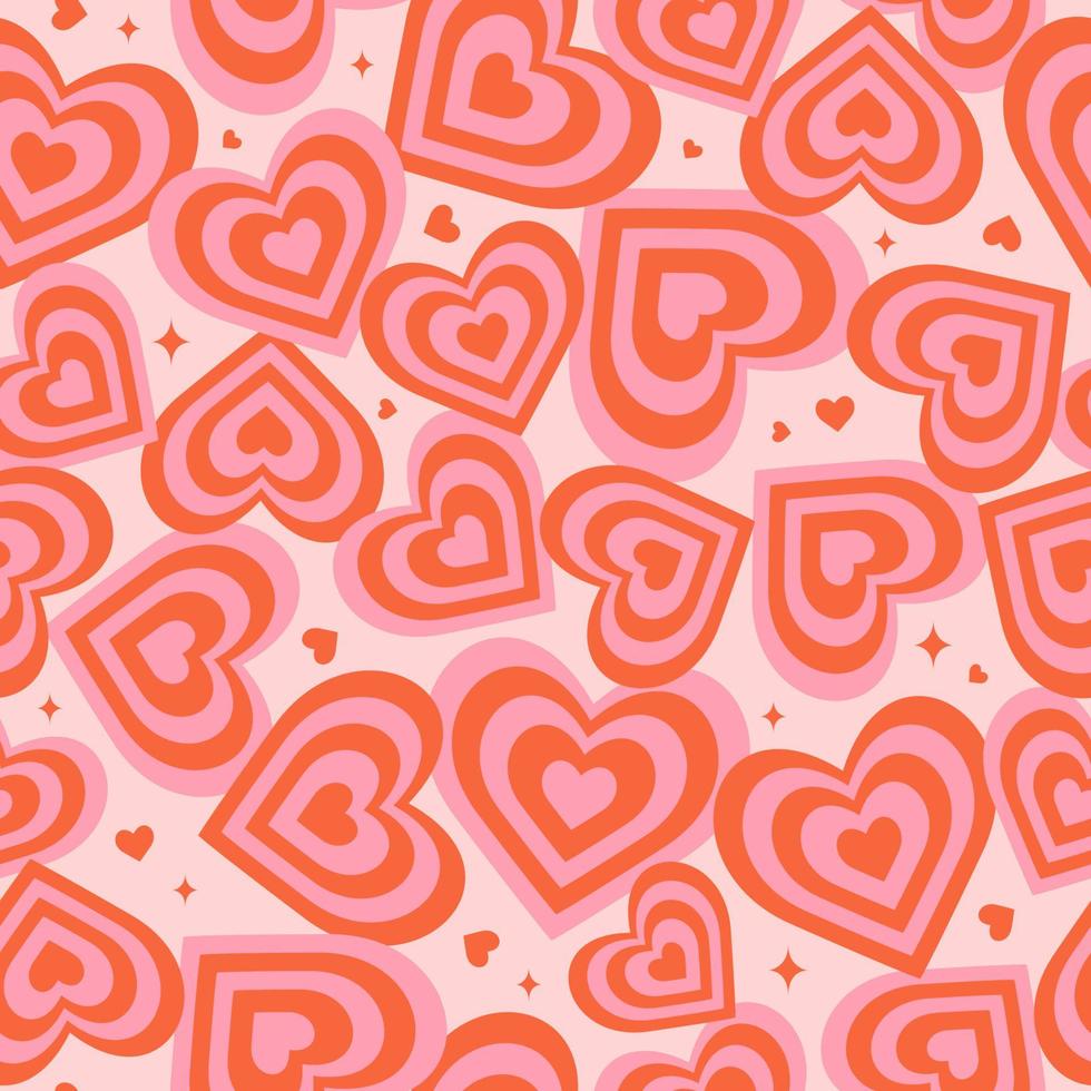 Groovy hearts seamless pattern. Trendy romantic vector background in 1970s-1980s. Hippie retro style for print on textile, wrapping paper, web design and social Media. Red and pink colors.