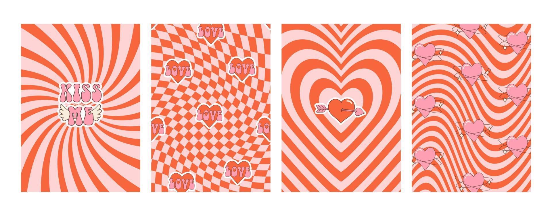 Set retro groovy posters with lovely hearts . Love concept. Happy Valentines day greeting card, print. Funky abstract background in trendy retro 60s 70s cartoon style. vector