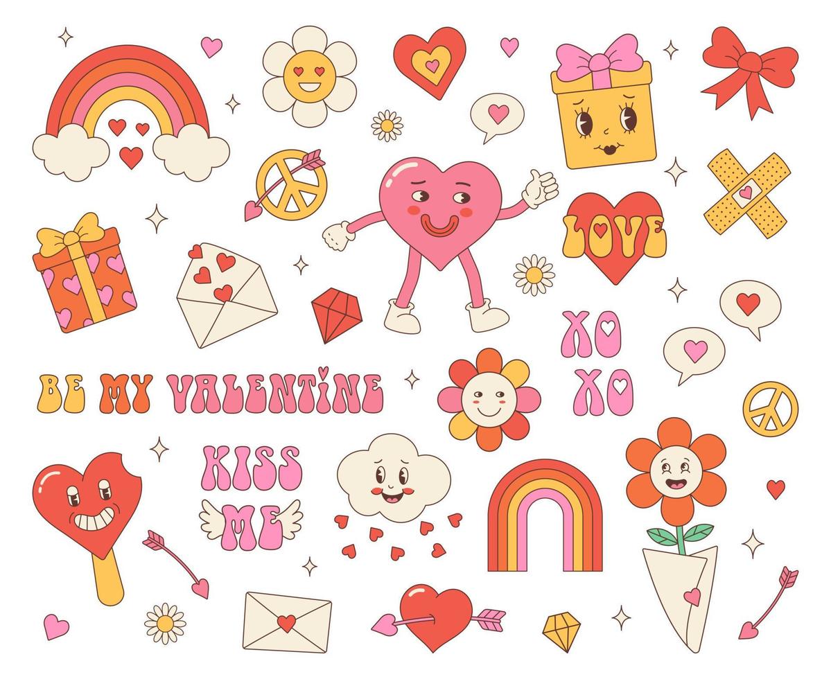 etiquetas engomadas maravillosas del amor del hippie. retro feliz día de san valentín. personaje cómico feliz en el moderno estilo de dibujos animados retro de los años 60 y 70. conjunto de vectores elementos retro.