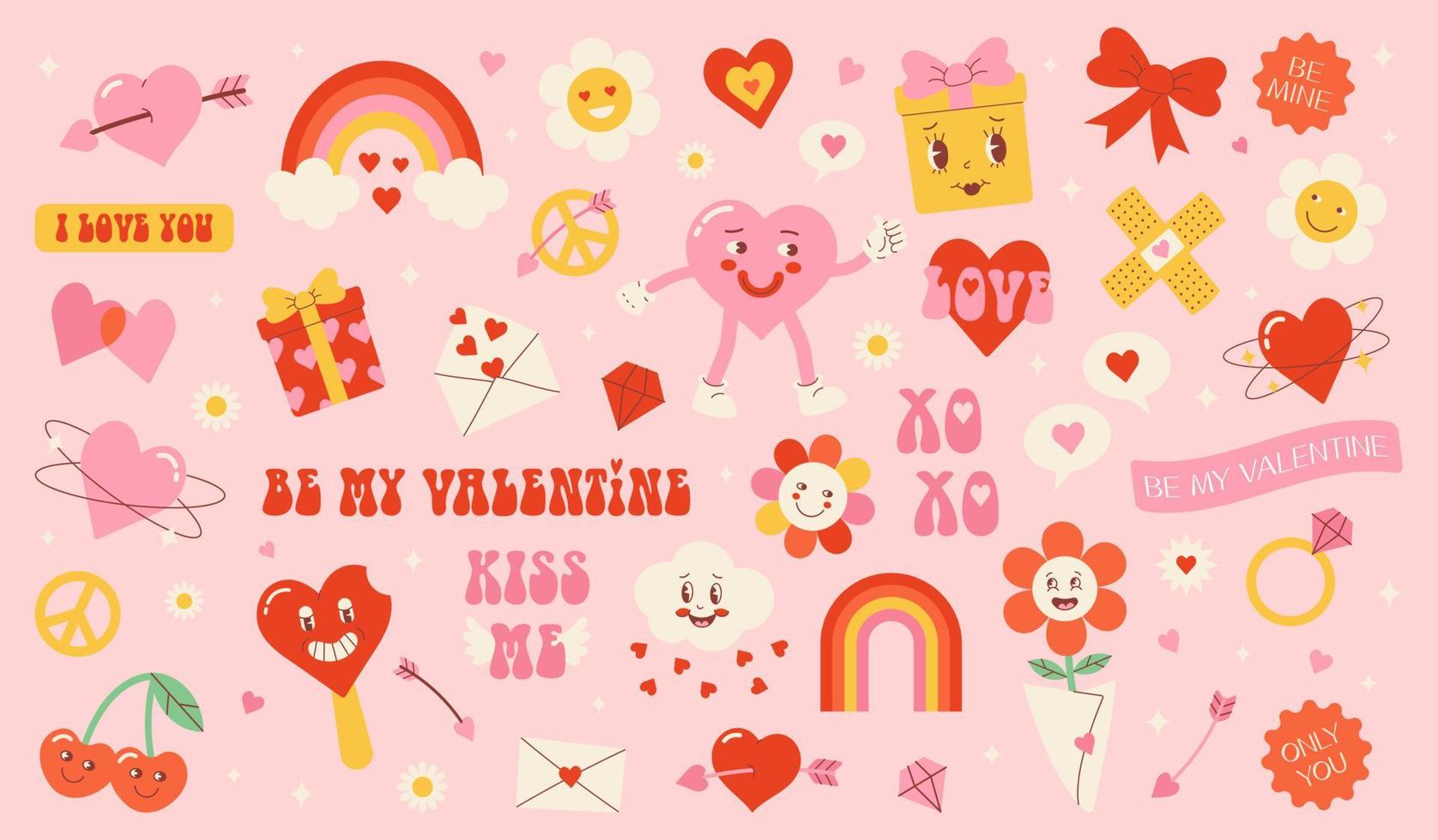 etiquetas engomadas maravillosas del amor del hippie. retro feliz día de san valentín. personaje cómico feliz en el moderno estilo de dibujos animados retro de los años 60 y 70. conjunto de vectores elementos retro.