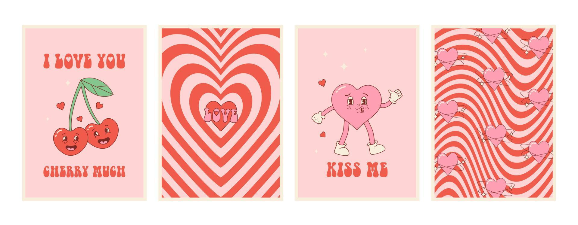 Set retro groovy posters with lovely hearts . Love concept. Happy Valentines day greeting card, print. Funky abstract background in trendy retro 60s 70s cartoon style. vector