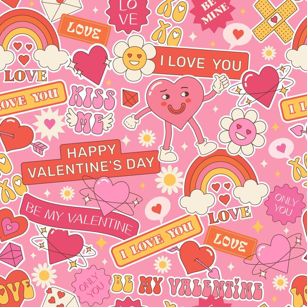 Vintage seamless pattern for Valentine's Day with stickers, comic characters and hearts. Funky background with patches, tags and quotes in trendy retro 60s 70s cartoon style. Aesthetics Y2K. vector