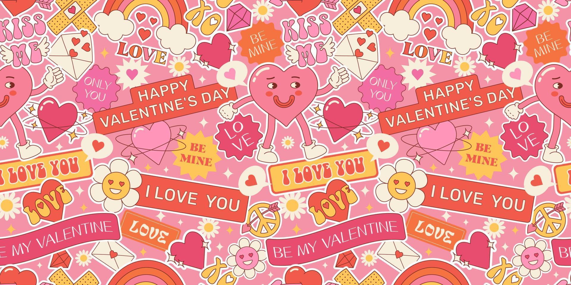 Vintage seamless pattern for Valentine's Day with stickers, comic characters and hearts. Funky background with patches, tags and quotes in trendy retro 60s 70s cartoon style. Aesthetics Y2K. vector