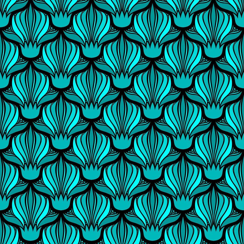BLACK SEAMLESS VECTOR ART NOUVEAU BACKGROUND WITH TURQUOISE FLOWERS