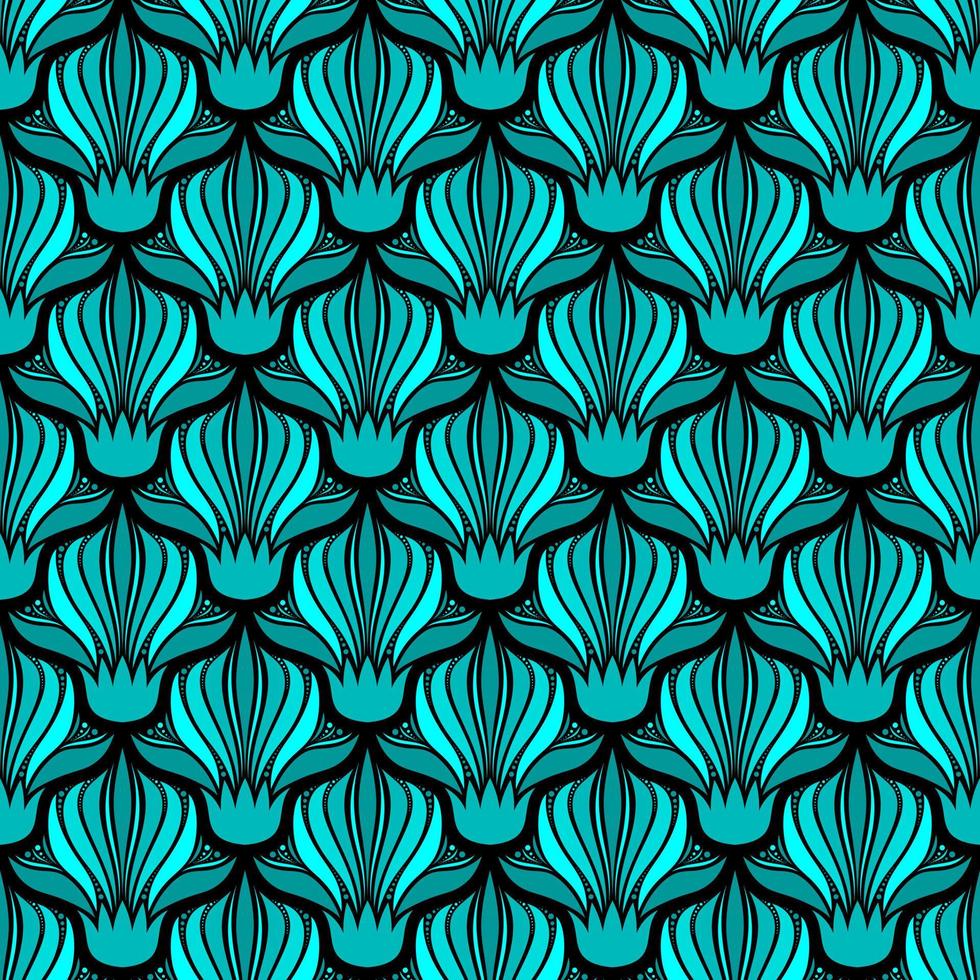 fondo de estilo art nouveau de vector transparente negro con flores de color turquesa