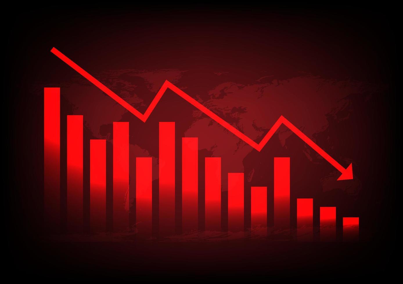 Red arrow graph drop arrow down with world map on red background. Money losing. Stock crisis and finance concept. vector