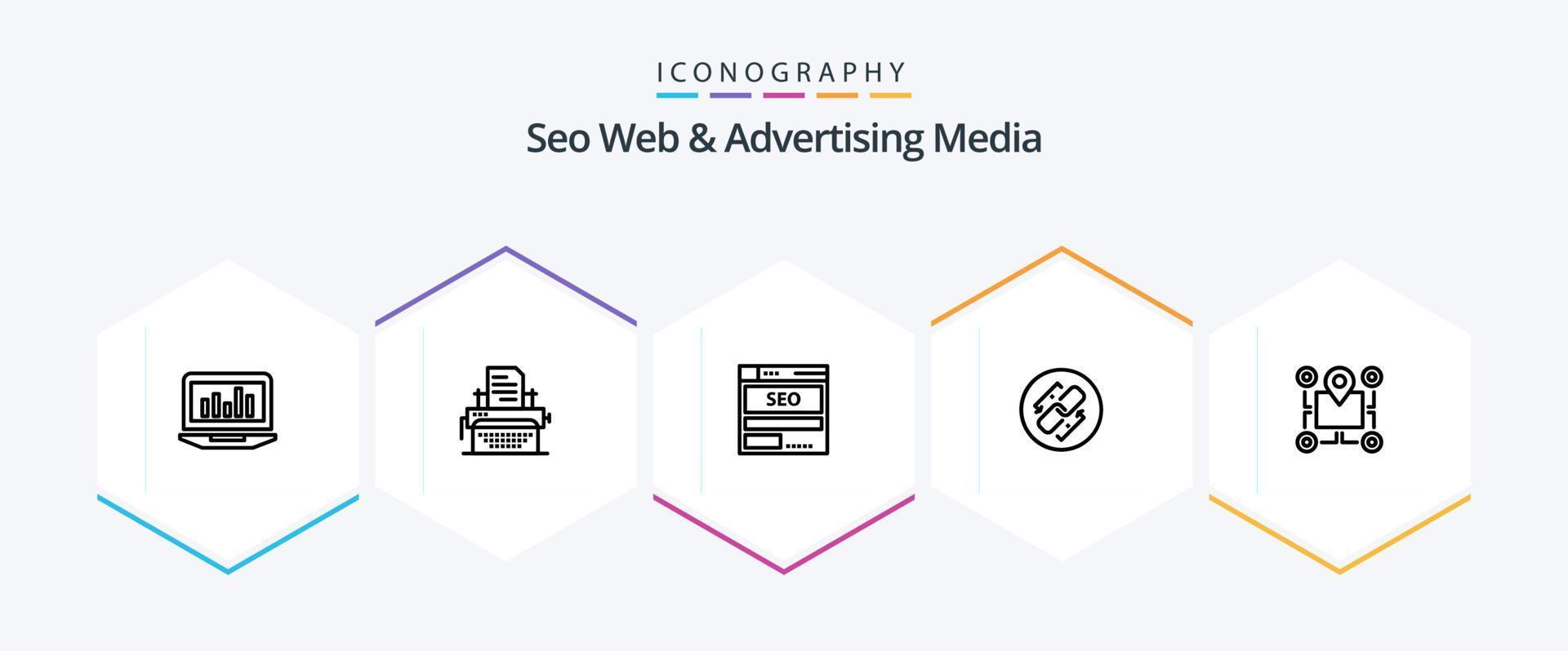 Seo Web And Advertising Media 25 Line icon pack including url. link. publish. tech. hosting vector