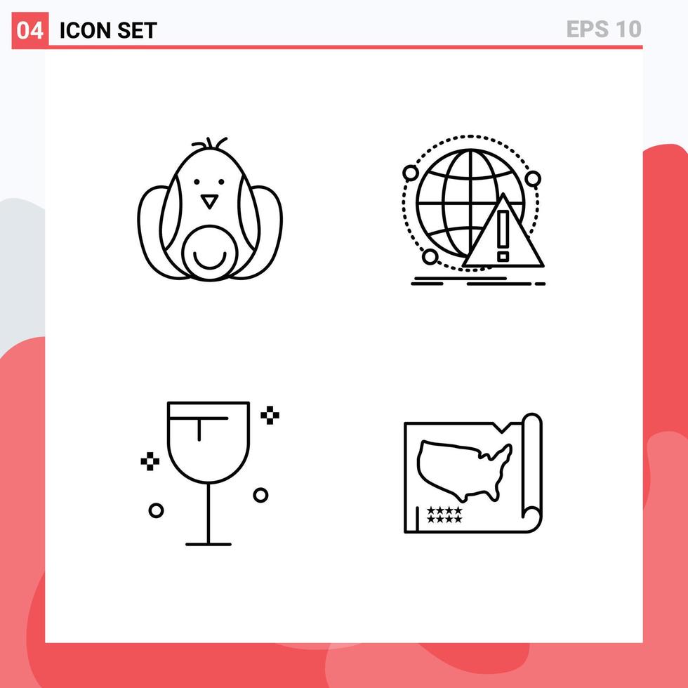 Set of 4 Modern UI Icons Symbols Signs for chicken drinks easter attack glass Editable Vector Design Elements